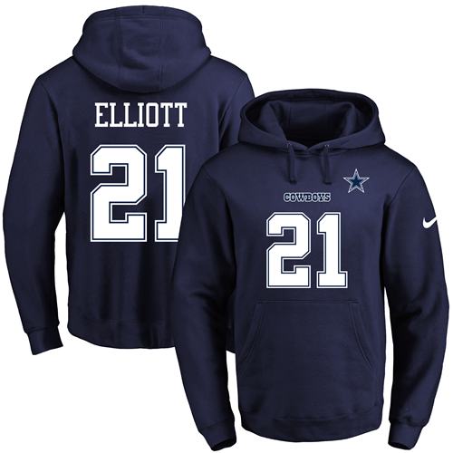 Nike Cowboys #21 Ezekiel Elliott Navy Blue Name & Number Pullover NFL Hoodie - Click Image to Close